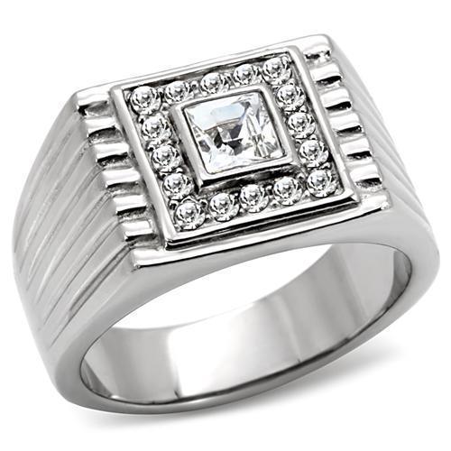 Mens Ring Silver Squared Princess Cut Stainless Steel Ring with Top Grade Crystal in Clear - ErikRayo.com