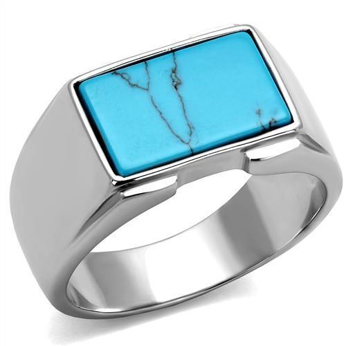 Mens Ring Silver Turquoise Stainless Steel Ring with Synthetic Imitation Amber in Sea Blue - Jewelry Store by Erik Rayo
