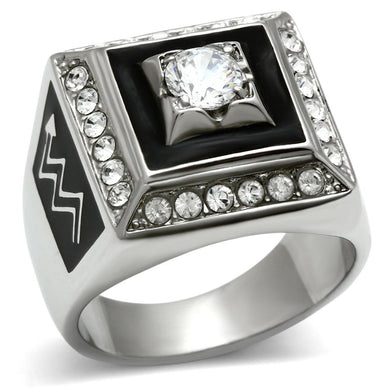 Mens Ring Squared and Round Silver and Black Stainless Steel Ring with AAA Grade CZ in Clear - Jewelry Store by Erik Rayo