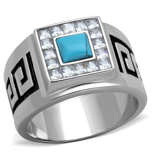 Mens Ring Squared Princess Cut Stainless Steel Ring with Synthetic Turquoise in Sea Blue - Jewelry Store by Erik Rayo