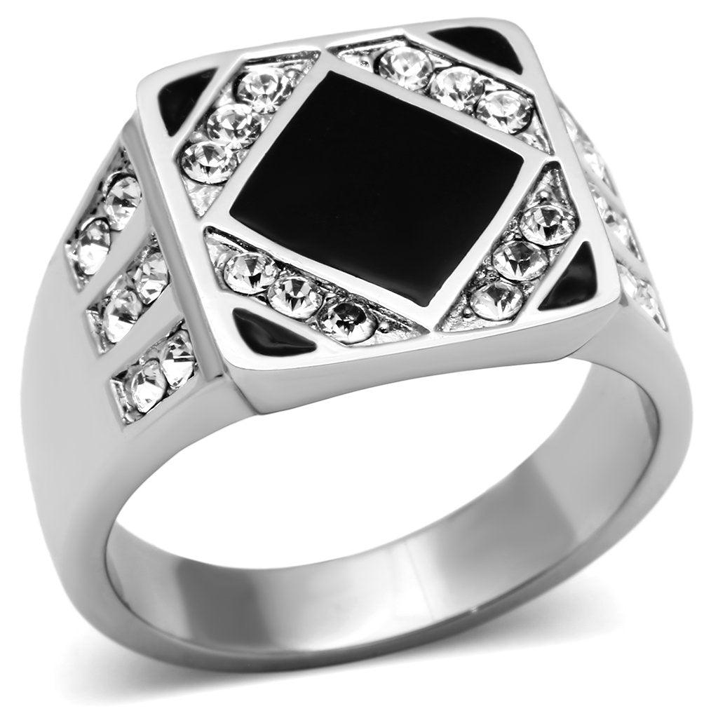 Mens Ring Squared Silver and Black Stainless Steel Ring with AAA Grade CZ in Clear - Jewelry Store by Erik Rayo