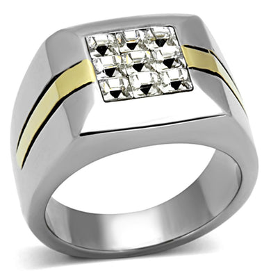 Mens Ring Squared Silver Gold Two Tone Stainless Steel Ring with Top Grade Crystal in Clear - ErikRayo.com