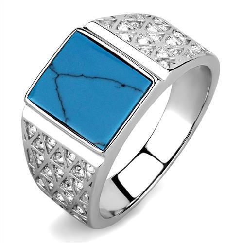Mens Ring Squared Turquoise 316L Stainless Steel Ring in Sea Blue with Royal CZ Diamonds - Jewelry Store by Erik Rayo