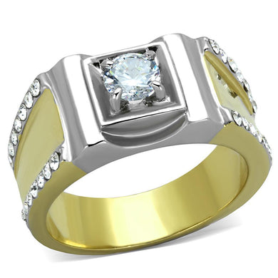 Mens Ring Two Tone Gold Silver Stainless Steel Ring with AAA Grade CZ in Clear - Jewelry Store by Erik Rayo