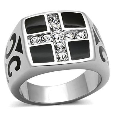Mens Rings Cross Squared Black Onyx Stainless Steel Ring with Top Grade Crystal in Clear - ErikRayo.com