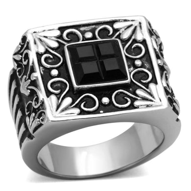 Mens Rings Squared Black Onyx Fancy Stainless Steel Ring with Top Grade Crystal in Clear - ErikRayo.com