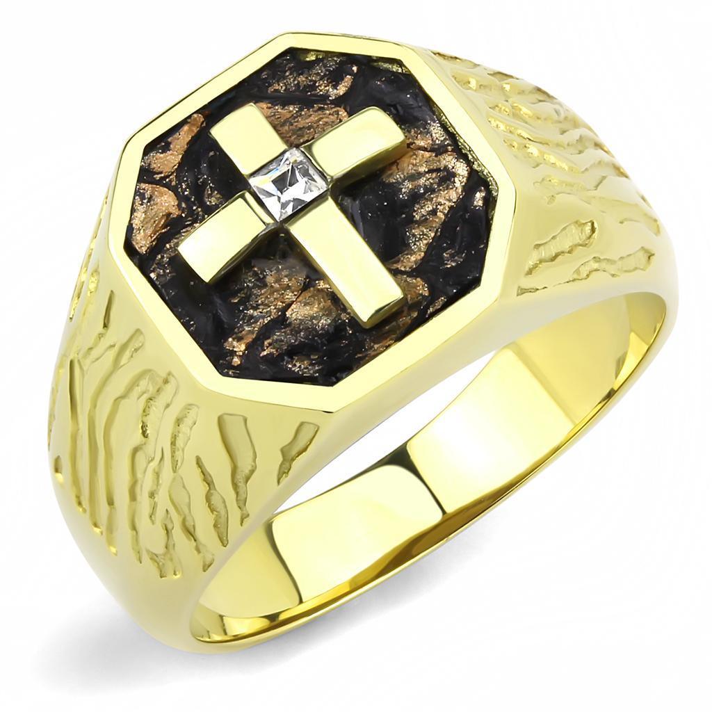 Mens Rings Squared Cross Brown Black Stainless Steel Ring with Top Grade Crystal in Clear - Jewelry Store by Erik Rayo
