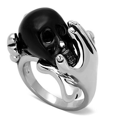 Mens Womens Black Skull Silver Ring in Hands Anillo Para Mujer Hombre y Ninos Kids Stainless Steel Ring with Epoxy in Jet - Jewelry Store by Erik Rayo