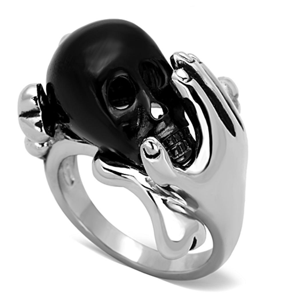Mens Womens Black Skull Silver Ring in Hands Anillo Para Mujer Hombre y Ninos Kids Stainless Steel Ring with Epoxy in Jet - ErikRayo.com