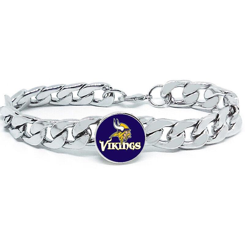 Minnesota Vikings Bracelet Silver Stainless Steel Mens and Womens Curb Link Chain Football Gift - ErikRayo.com