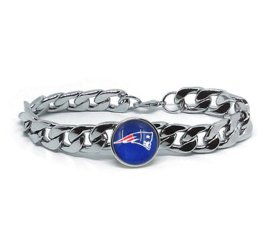 New England Patriots Bracelet Silver Stainless Steel Mens and Womens Curb Link Chain Football Gift - ErikRayo.com