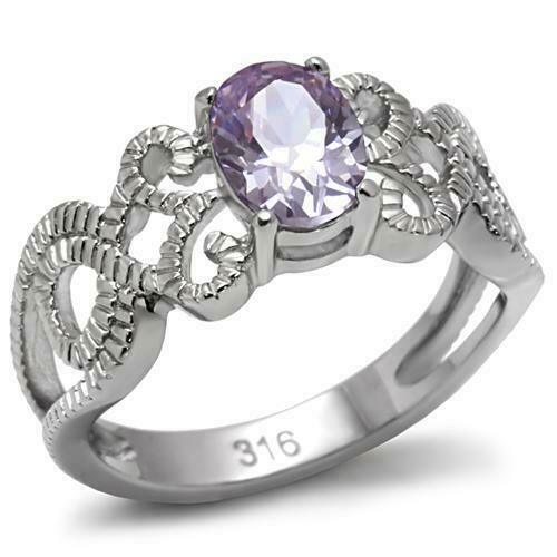 Oval Cut Purple Lavender Stainless Steel Solitaire Amethyst AAA CZ Ring - ErikRayo.com