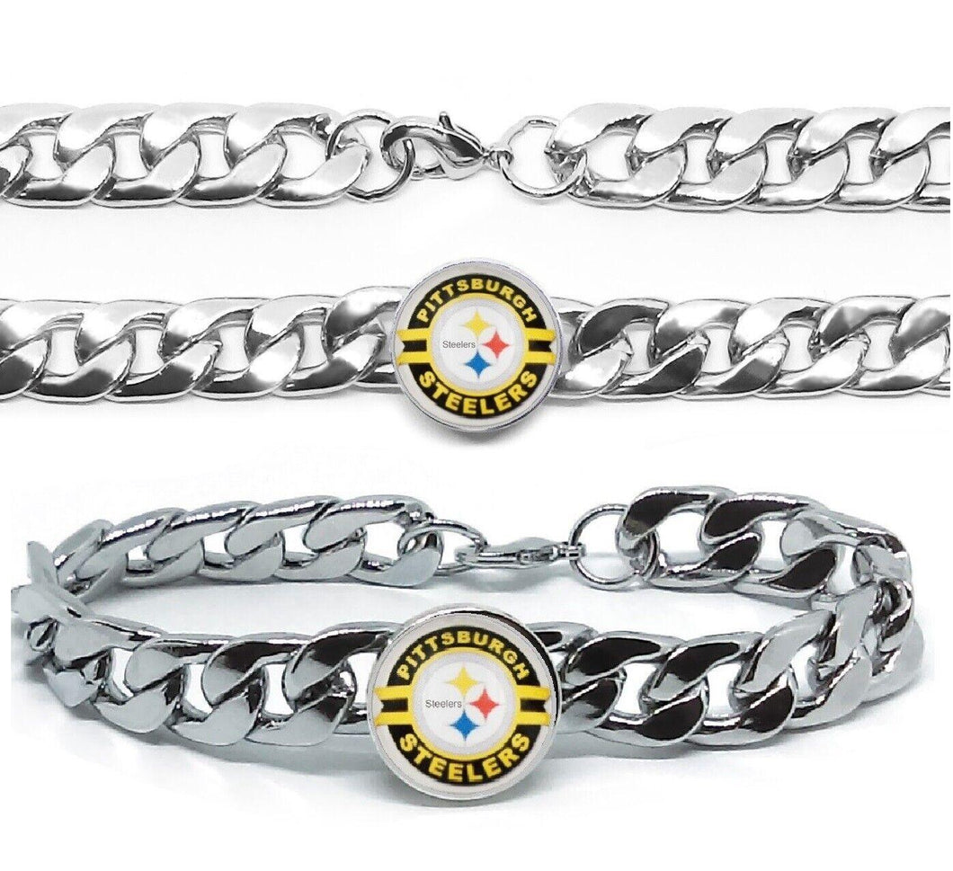 Pittsburgh Steelers Bracelet Silver Stainless Steel Mens and Womens Curb Link Chain Football Gift - ErikRayo.com
