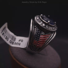 Load and play video in Gallery viewer, US Marines Ring for Men and Women Unisex Stainless Steel Military Patriotic Ring in Silver with Blue Stone Rock
