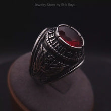 Load and play video in Gallery viewer, Silver Army Ring for Men and Women Unisex Stainless Steel Military Class Ring with Red Stone
