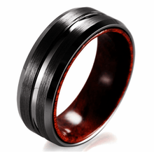 Load image into Gallery viewer, Men&#39;s Wedding Band Ring - Black Grooved Line with Koa Wood Inlay - Perfect for Weddings and Special Occasions
