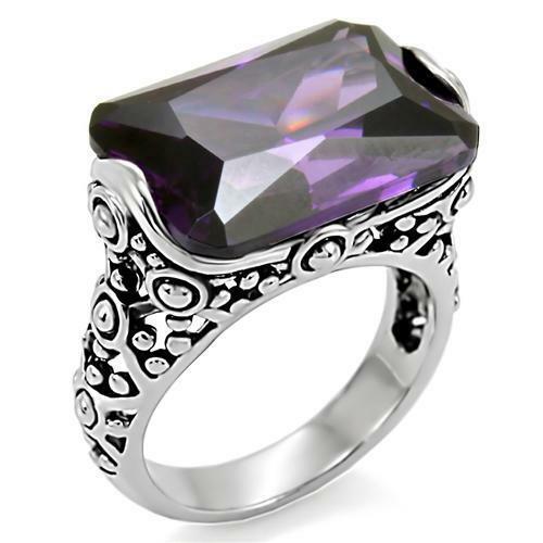 Purple Emerald Cut Rectangle Amethyst Purple cz Stainless Steel Solitaire Ring - Jewelry Store by Erik Rayo