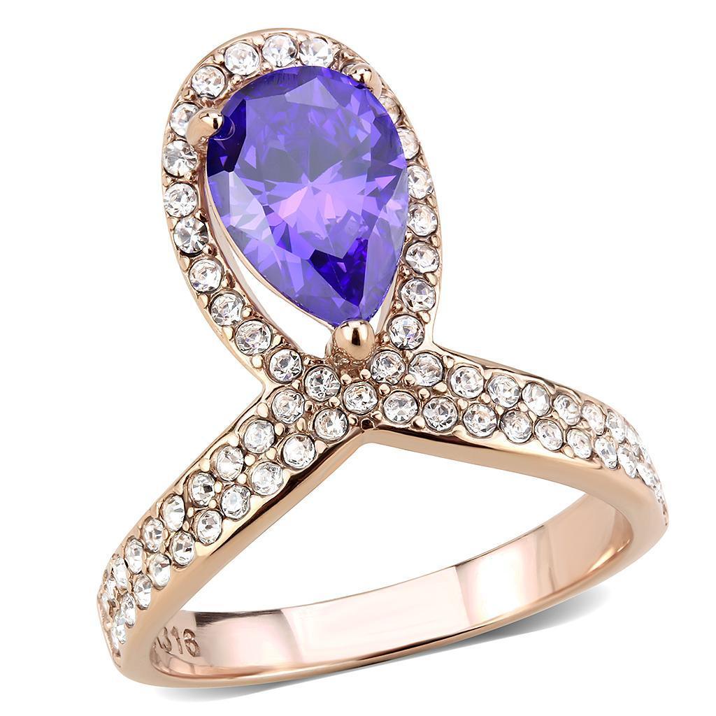 Rose Gold Womens Ring Anillo Para Mujer y Ninos Unisex Kids 316L Stainless Steel Ring with AAA Grade CZ in Tanzanite - Jewelry Store by Erik Rayo