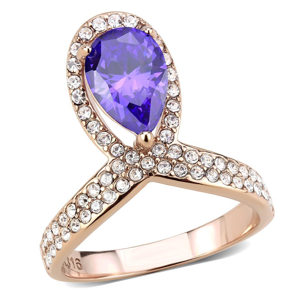 Rose Gold Womens Ring Anillo Para Mujer y Ninos Unisex Kids Stainless Steel Ring with AAA Grade CZ in Tanzanite - ErikRayo.com