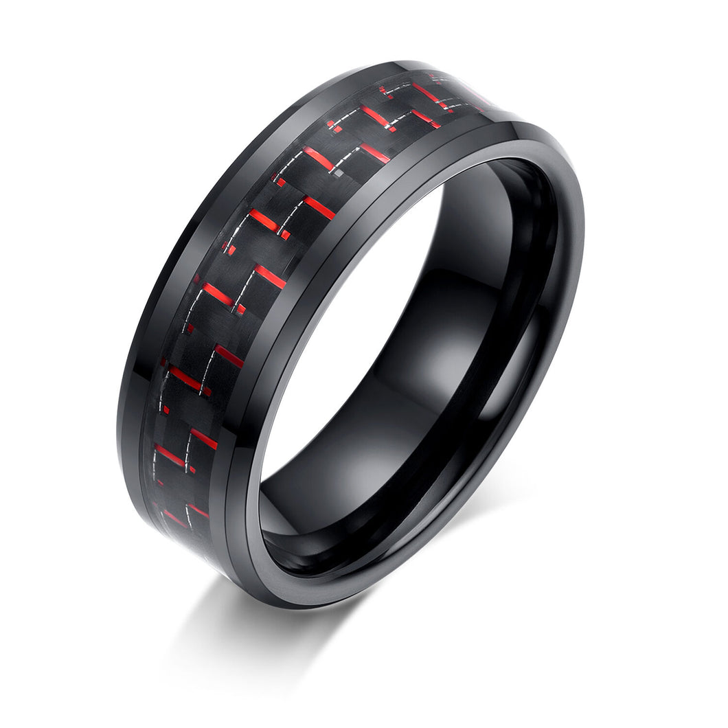 Mens Wedding Band Rings for Men Wedding Rings for Womens / Mens Rings Carbon Fiber 8mm Black and Red