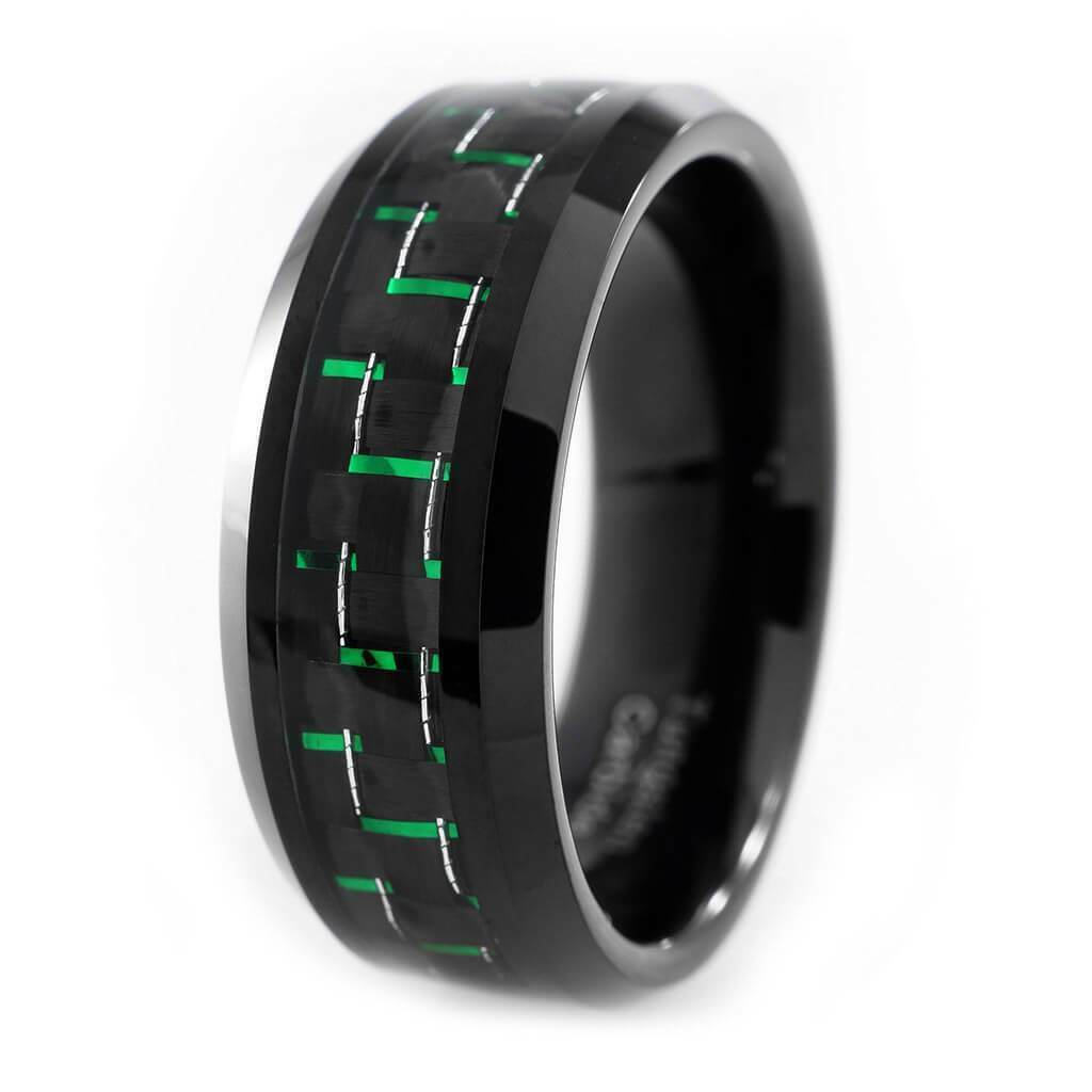 Mens Wedding Band Rings for Men Wedding Rings for Womens / Mens Rings Black and Green Carbon Fiber