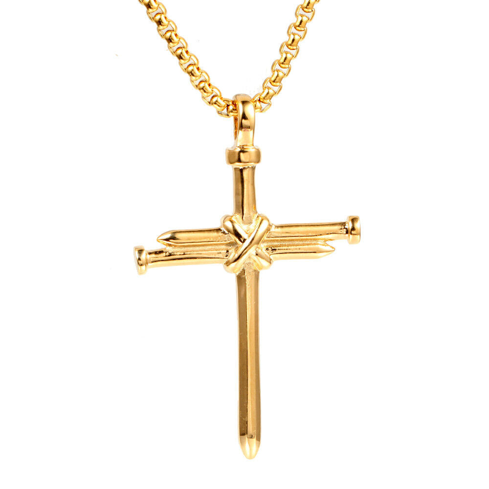 Cross Necklace for Men Nail Gold Pendant Necklace Chain 24 inch Stainless Steel