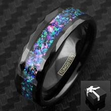 Load image into Gallery viewer, Tungsten Carbide Rings for Men Wedding Bands for Him 8mm Black Opal Stripe Celestial Galaxy Multi-Faceted Edge
