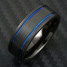Load image into Gallery viewer, Mens Wedding Band Rings for Men Wedding Rings for Womens / Mens Rings 6mm Brushed Black-Dual Thin Blue Line Stripes
