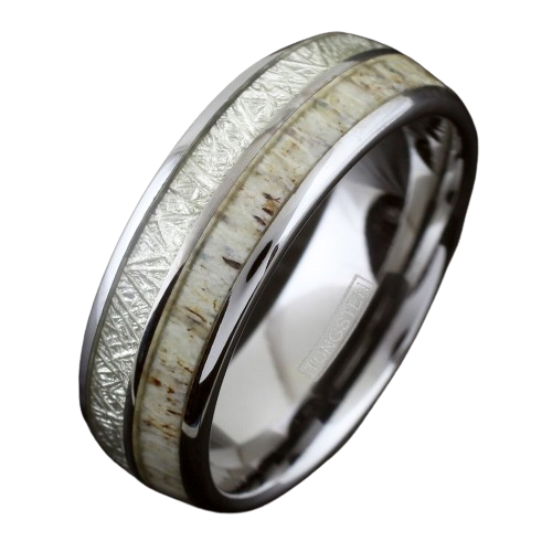 Mens Wedding Band Rings for Men Wedding Rings for Womens / Mens Rings Silver Tungsten Deer Antler & White Meteorite
