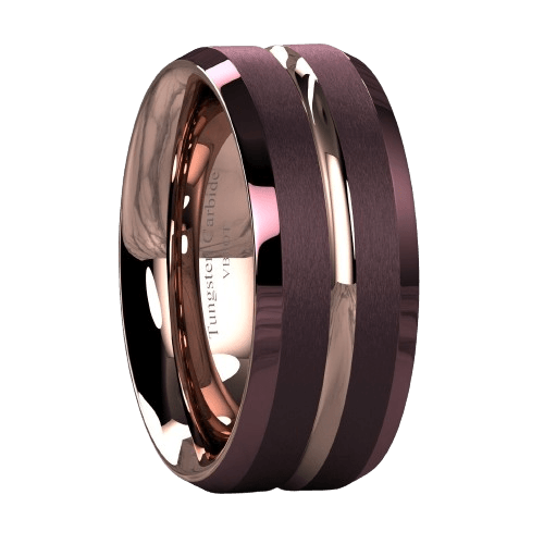 Tungsten Rings for Men Wedding Bands for Him Womens Wedding Bands for Her 8mm Brushed Brown Rose Gold Groove Stripe - Jewelry Store by Erik Rayo