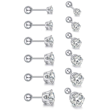 Stud Earrings with Roundback 6 Pair Stainless Steel Round Cubic Zirconia for Men Women Children and Babies - Jewelry Store by Erik Rayo
