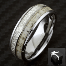 Load image into Gallery viewer, Men&#39;s Wedding Band Ring - Silver Tungsten Deer Antler &amp; White Meteorite - Wedding Rings for Men and Women
