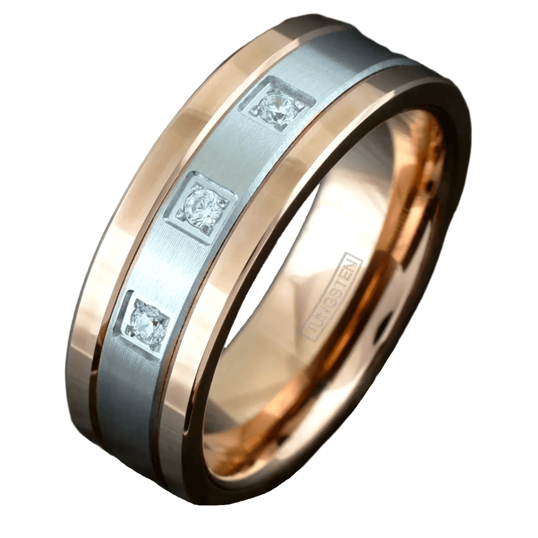 Men's Wedding Band Ring - Rose Gold & Silver with Center Stripe - 0.15 Carat CZ - Unisex Wedding Ring