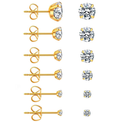 Gold Stud Earrings 6 Pair Stainless Steel Round Cubic Zirconia for Men Women - Jewelry Store by Erik Rayo