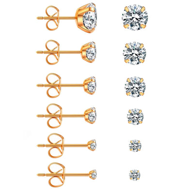 Rose Gold Stud Earrings 6 Pair Stainless Steel Round Cubic Zirconia for Men Women - Jewelry Store by Erik Rayo