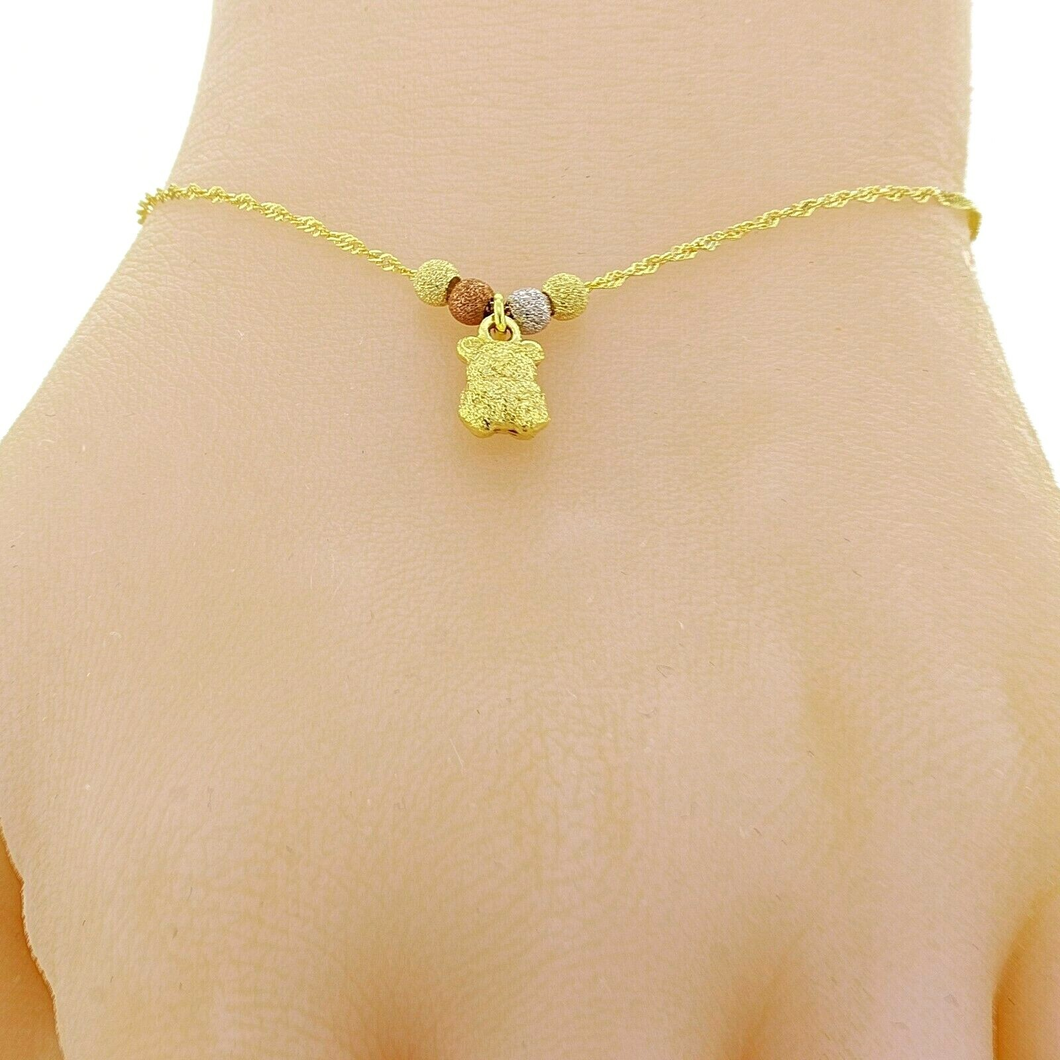 14k Tri Color Gold Ball Beads Teddy Bear Charm Bracelet Singapore Chain 7