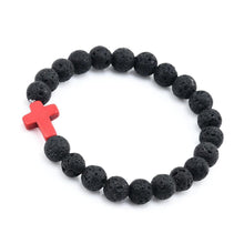 Load image into Gallery viewer, Lava Rock Stone Beaded Bracelet Jesus Cross Christian in Red - Jewelry Store by Erik Rayo
