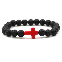 Load image into Gallery viewer, Lava Rock Stone Beaded Bracelet Jesus Cross Christian in Red
