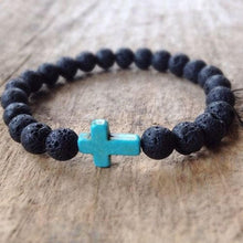 Load image into Gallery viewer, Lava Rock Stone Beaded Bracelet Jesus Cross Christian in Turquoise

