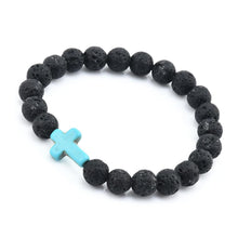 Load image into Gallery viewer, Lava Rock Stone Beaded Bracelet Jesus Cross Christian in Turquoise - Jewelry Store by Erik Rayo
