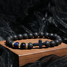 Load image into Gallery viewer, Lava Rock Stone Beaded Bracelet Jesus Cross Christian in Blue
