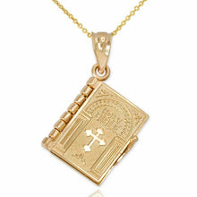 Load image into Gallery viewer, Gold Holy Bible Necklace Lords Prayer Four Openable Pages - Jewelry Store by Erik Rayo
