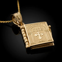 Load image into Gallery viewer, Gold Holy Bible Necklace Lords Prayer Four Openable Pages - Jewelry Store by Erik Rayo
