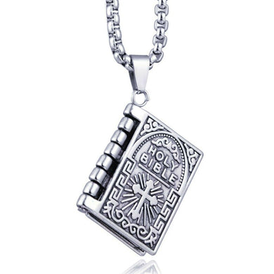 Silver Holy Bible Necklace Lords Prayer Four Openable Pages - Jewelry Store by Erik Rayo