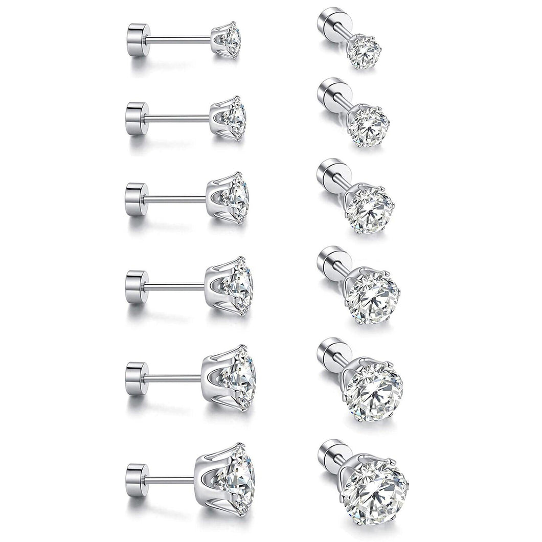 Stud Earrings with Flatback 6 Pair Stainless Steel Round Cubic Zirconia for Men Women Children and Babies - Jewelry Store by Erik Rayo