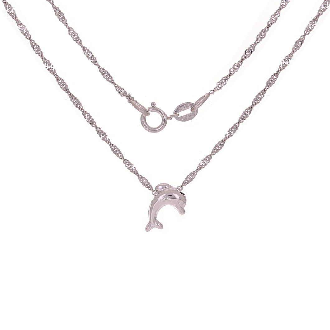 Italian 14k White Gold Dolphin Charm Singapore Chain Necklace 16