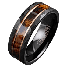 Load image into Gallery viewer, Tungsten Rings for Men Wedding Bands for Him Womens Wedding Bands for Her 8mm Charred Whiskey Barrel Rose Gold Plated - Jewelry Store by Erik Rayo
