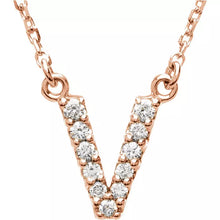 Load image into Gallery viewer, 14k Yellow White or Rose Gold Diamond Initial Letter V Pendant Necklace 18&quot;
