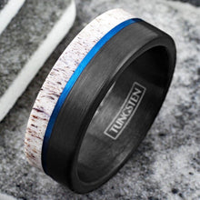Load image into Gallery viewer, Tungsten Rings for Men Wedding Bands for Him Womens Wedding Bands for Her 8mm Black Blue Deer Antler - Jewelry Store by Erik Rayo
