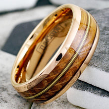 Load image into Gallery viewer, Tungsten Rings for Men Wedding Bands for Him Womens Wedding Bands for Her 8mm Rose Gold Whiskey Barrel Wood-Guitar - Jewelry Store by Erik Rayo
